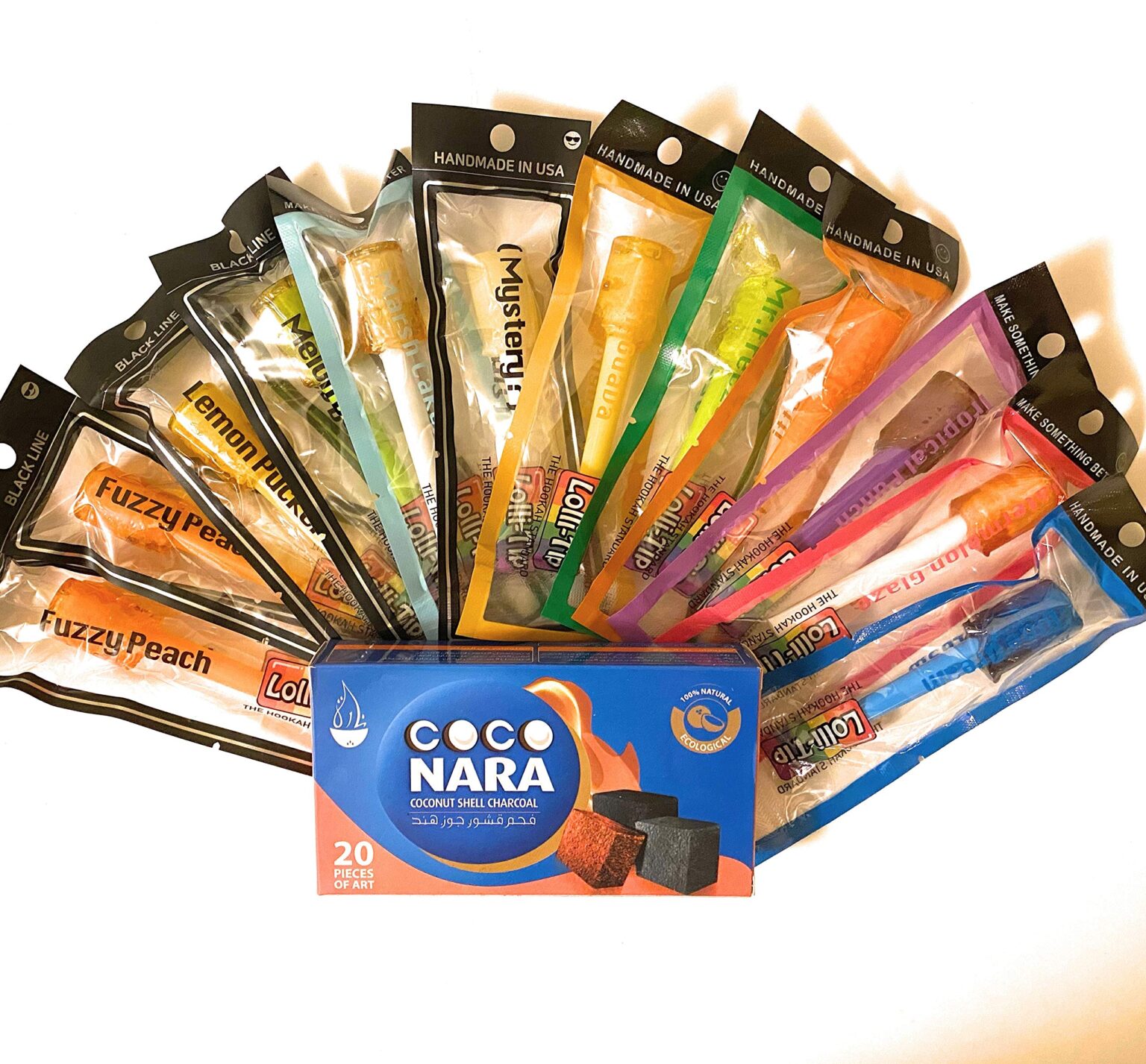 lollitip Hard Candy Hookah Tip, Assorted Flavors, 12 Assorted Piece and 20 Pcs Coco Nara Coconut Shells Charcoal Flat Cubes.